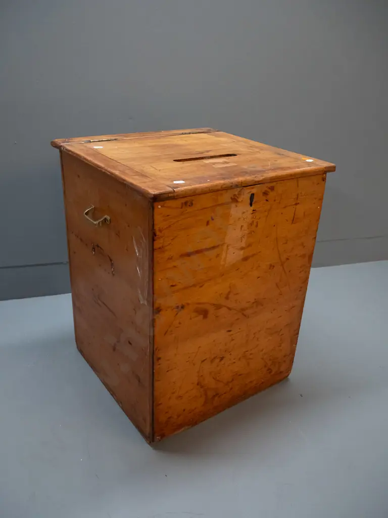 vintage kauri ballot box with hinged lid, brass side handles, marked NZ with broad arrow on top and No. 113 on front, Image 1++
