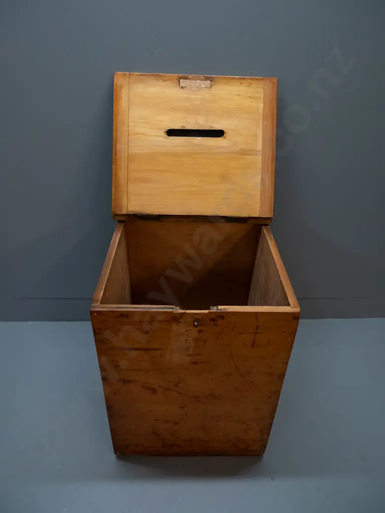 vintage kauri ballot box with hinged lid, brass side handles, marked NZ with broad arrow on top and No. 113 on front, Image 1++