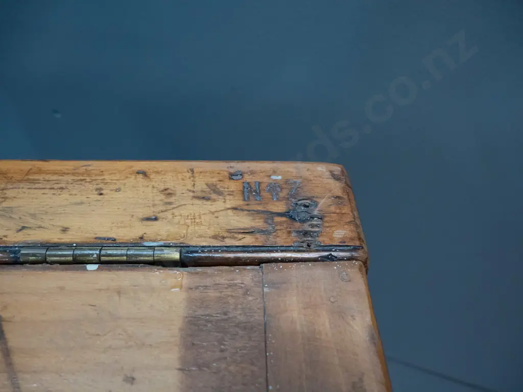 vintage kauri ballot box with hinged lid, brass side handles, marked NZ with broad arrow on top and No. 113 on front, Image 1++