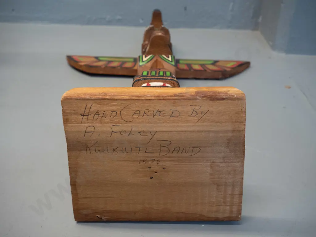 Canadian northwest pacific painted timber souvenir totem pole - marked Made by A Foley, Kwakiutl tribe 1974. H-560 W-360 Image 1++