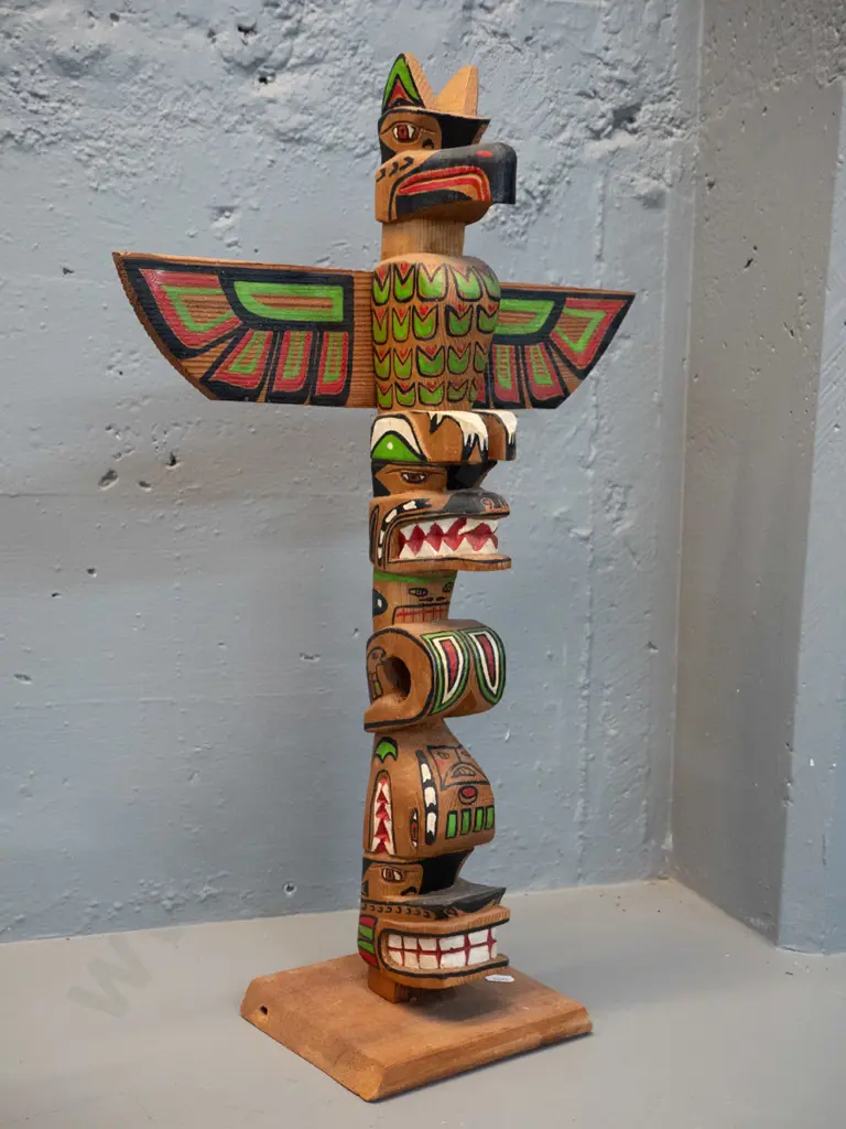 Canadian northwest pacific painted timber souvenir totem pole - marked Made by A Foley, Kwakiutl tribe 1974. H-560 W-360 Image 1++