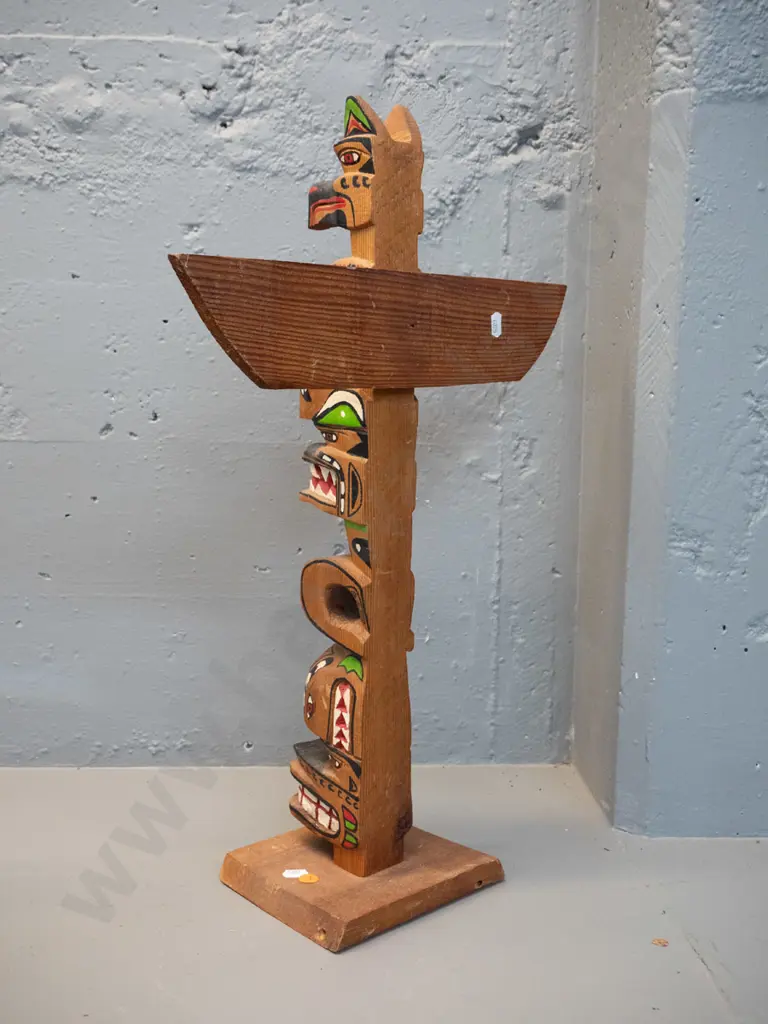 Canadian northwest pacific painted timber souvenir totem pole - marked Made by A Foley, Kwakiutl tribe 1974. H-560 W-360 Image 1++