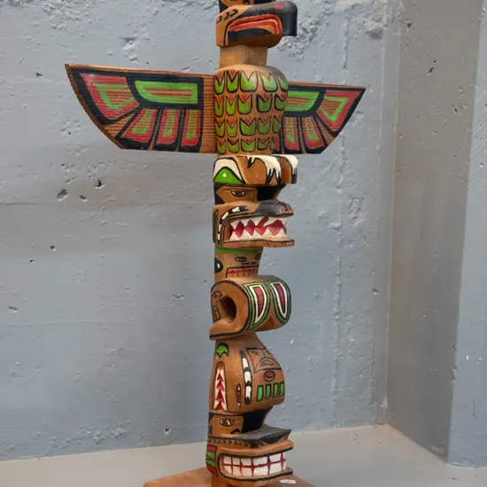 Canadian northwest pacific painted timber souvenir totem pole - marked Made by A Foley, Kwakiutl tribe 1974. H-560 W-360