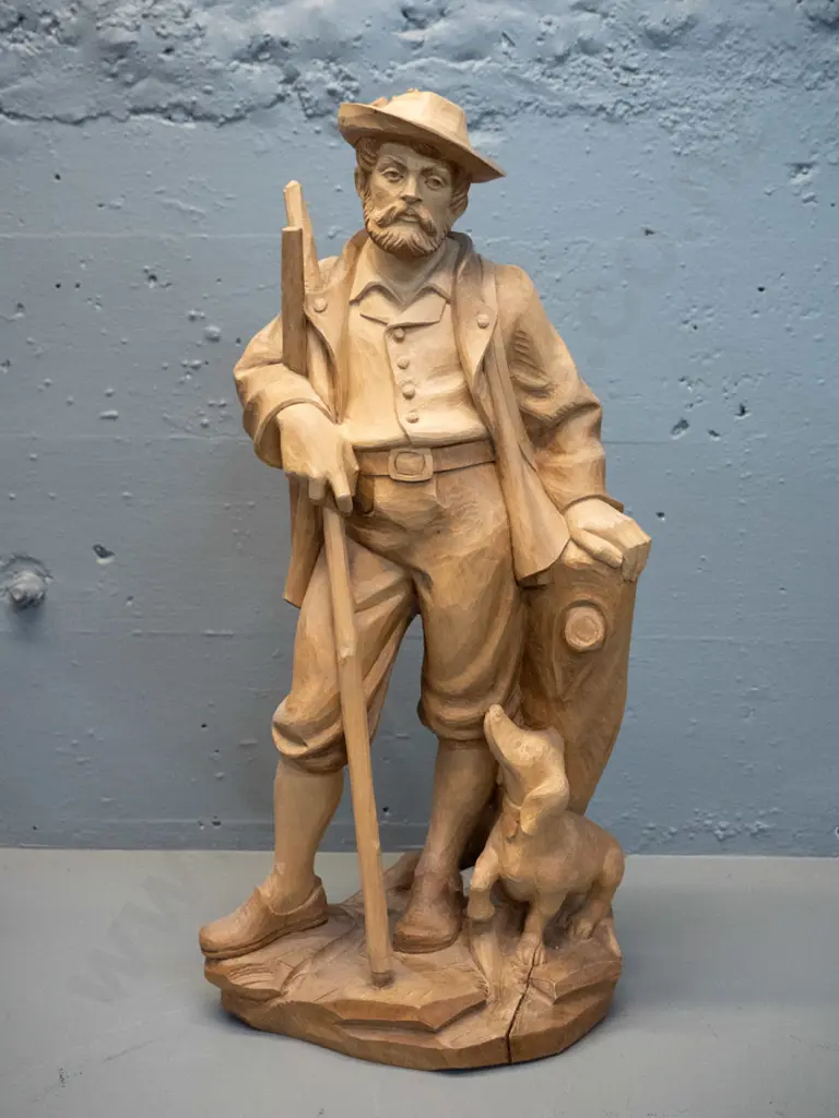 carved timber figure - antique style hunting man with dog - crack in base H-520 Image 1++