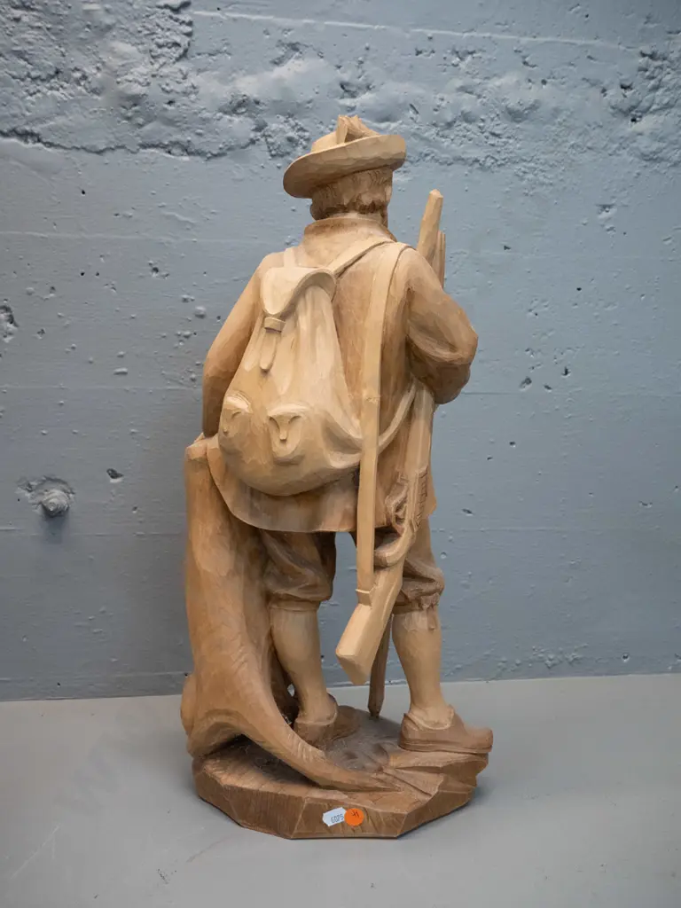 carved timber figure - antique style hunting man with dog - crack in base H-520 Image 1++