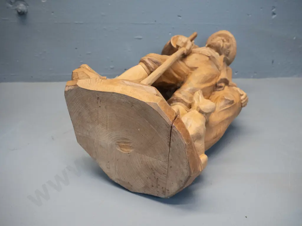 carved timber figure - antique style hunting man with dog - crack in base H-520 Image 1++