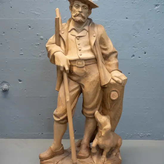 carved timber figure - antique style hunting man with dog - crack in base H-520
