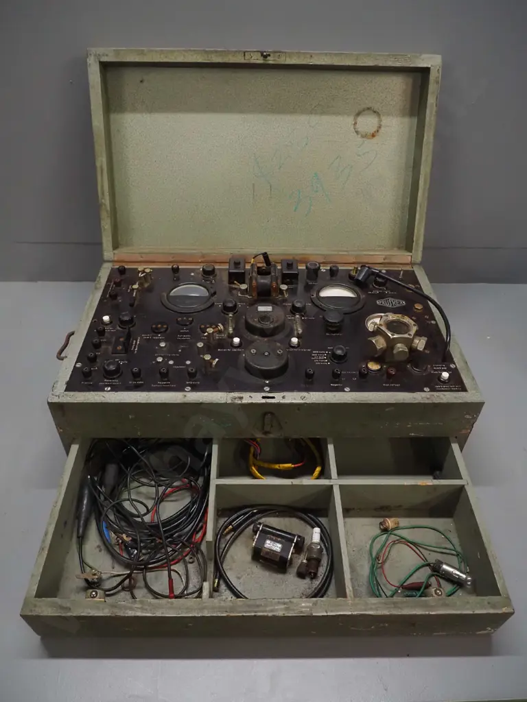 vintage timber cased Prufrex Universal automotive electrical testing device with assorted cables and other items in Image 1++
