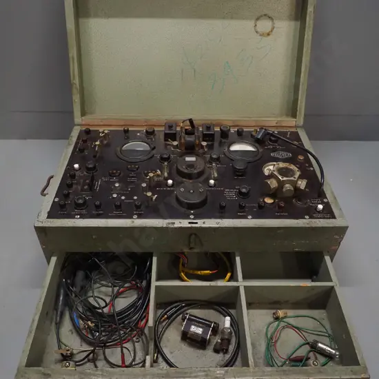 vintage timber cased Prufrex Universal automotive electrical testing device with assorted cables and other items in