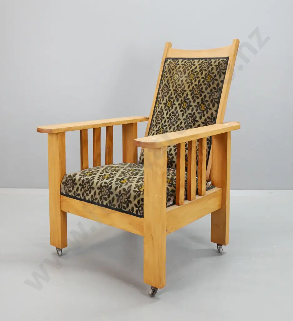 vintage rimu Morris chair w/brass back support bar, slat sides, velvet upholstery, on metal casters - some wear to Image 1++