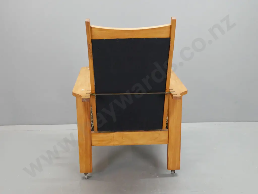 vintage rimu Morris chair w/brass back support bar, slat sides, velvet upholstery, on metal casters - some wear to Image 1++