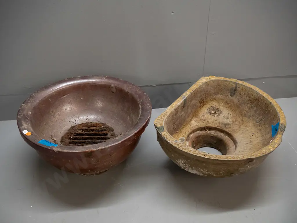 2 salt glazed storm drain traps, round one marked JH Lambert Dunedin, has rusted metal grate, no maker's marks on other Image 1++