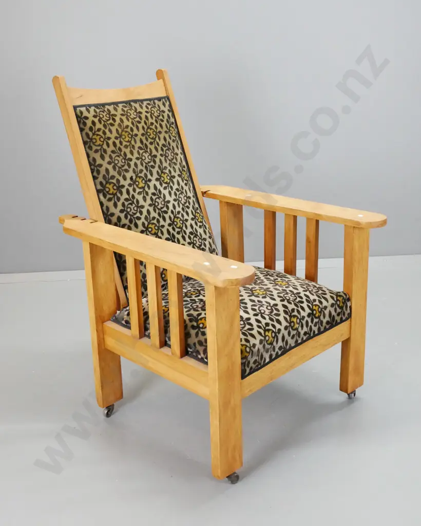 vintage rimu Morris chair w/brass back support bar, slat sides, velvet upholstery, on metal casters - some wear to Image 1++