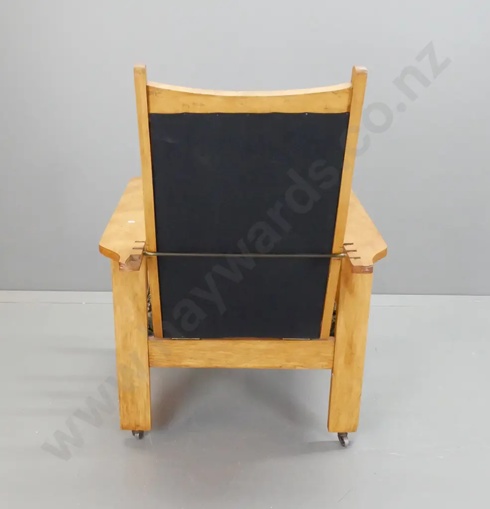 vintage rimu Morris chair w/brass back support bar, slat sides, velvet upholstery, on metal casters - some wear to Image 1++