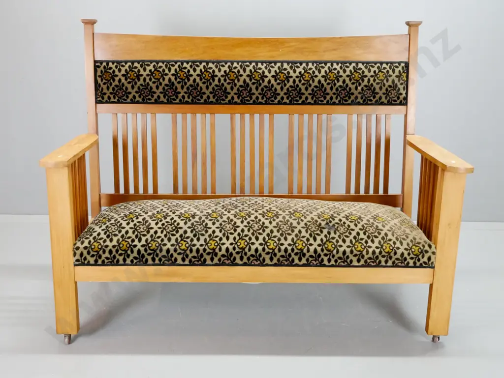 vintage rimu and beech Morris style high-back settle with slat back and sides, velvet upholstery, on porcelain Image 1++