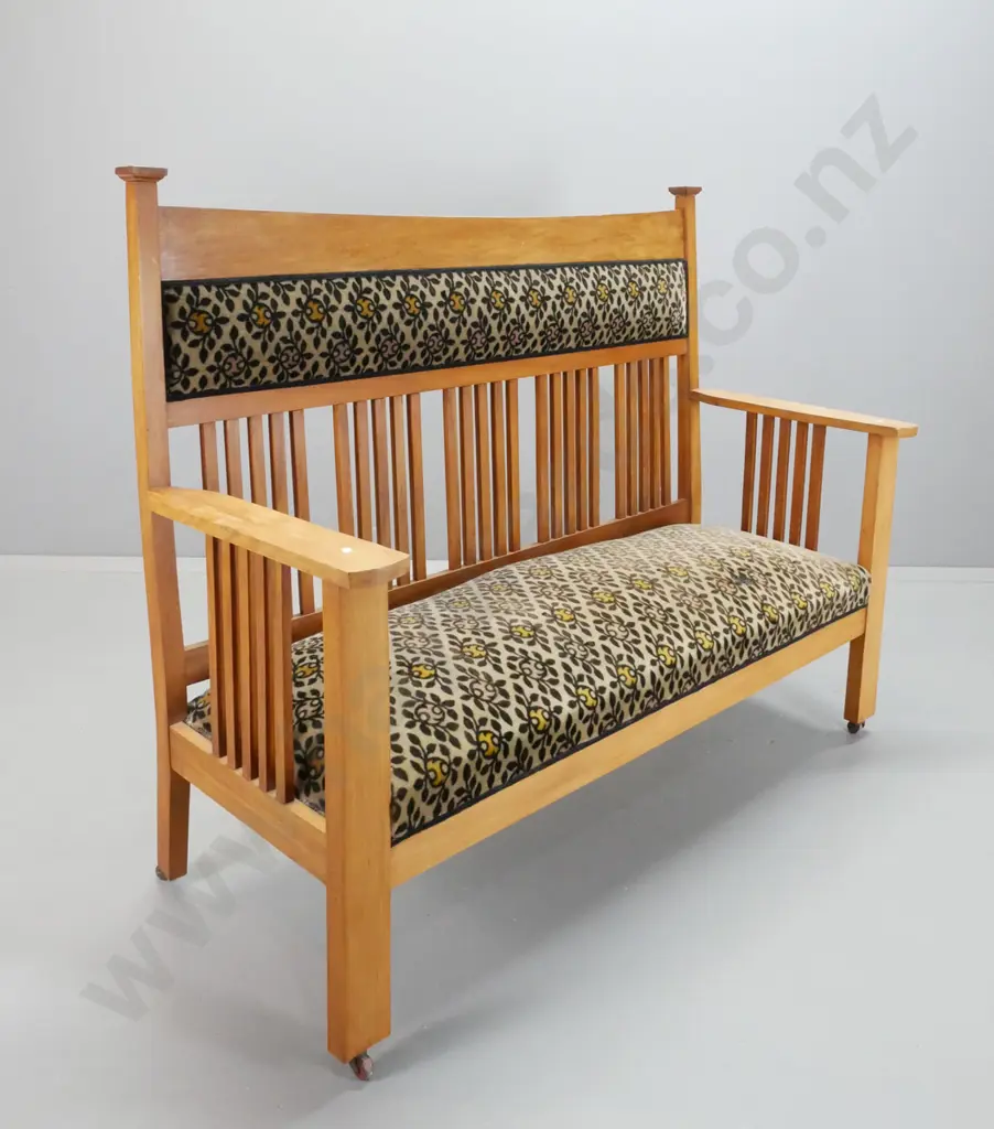 vintage rimu and beech Morris style high-back settle with slat back and sides, velvet upholstery, on porcelain Image 1++