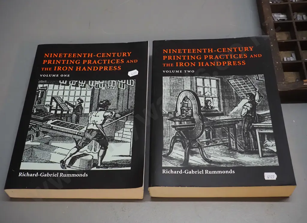 2 vintage printing type trays with large collection of lead type and 2-volume "Nineteenth Century Printing Practices" by Image 1++