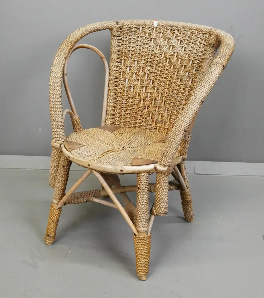 vintage cane child's chair with woven seagrass back and seat - some borer holes in wooden blocks H-565 W-480 D-430 Image 1++
