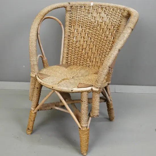 vintage cane child's chair with woven seagrass back and seat - some borer holes in wooden blocks H-565 W-480 D-430