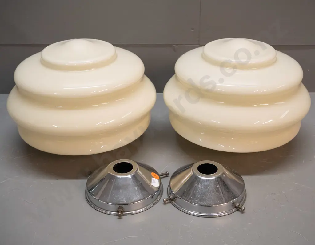 pair of deco glass ceiling light shades with chrome journals - one journal has small dent, slight pitting. H180 D240 Image 1++