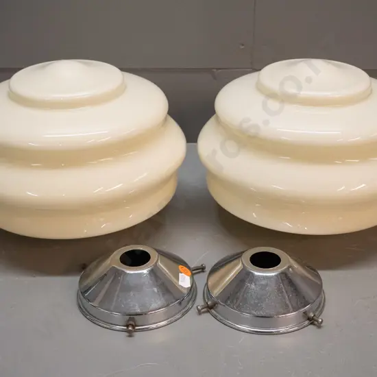 pair of deco glass ceiling light shades with chrome journals - one journal has small dent, slight pitting. H180 D240