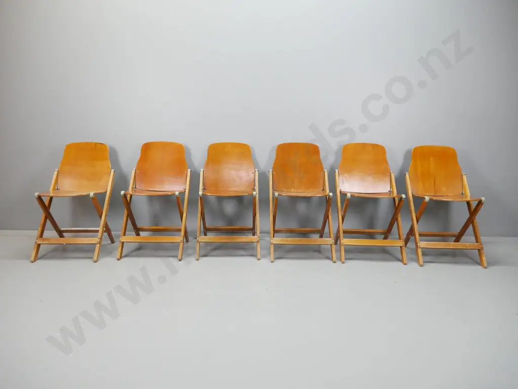 6 vintage folding chairs with rimu ply seats and backs, fluted legs, metal caps and mechanisms, original decal: Made by Image 1++