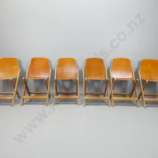 6 vintage folding chairs with rimu ply seats and backs, fluted legs, metal caps and mechanisms, original decal: Made by