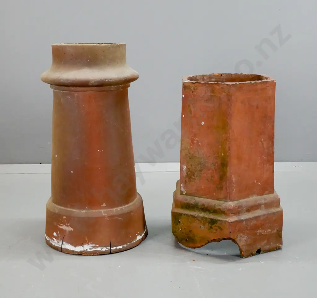2 terracotta chimney pots, one hexagonal, one circular, both with large chips to bottom, minor chips & cracks - taller Image 1++