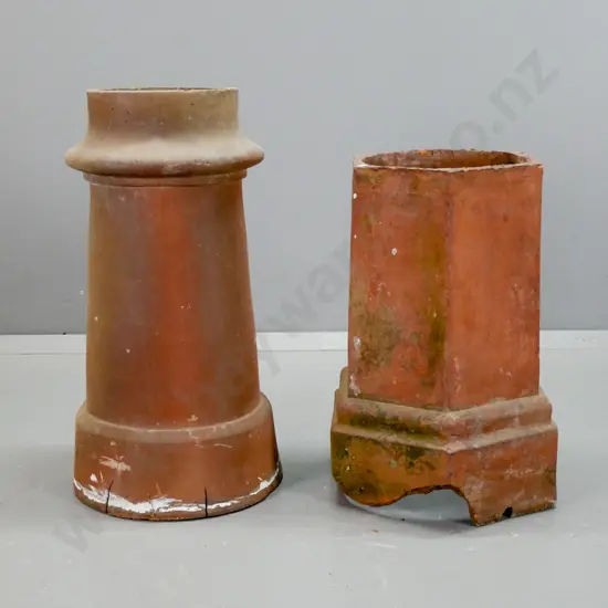 2 terracotta chimney pots, one hexagonal, one circular, both with large chips to bottom, minor chips & cracks - taller
