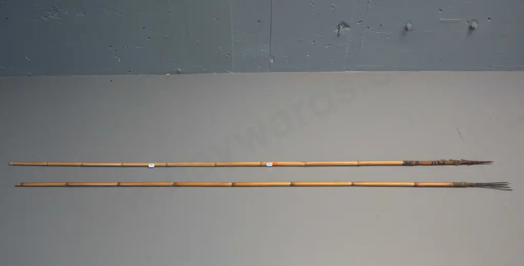 2 bamboo spears (from Solomon Islands) - one with 5 steel prongs, one with wooden barbed head L-1455 Image 1++