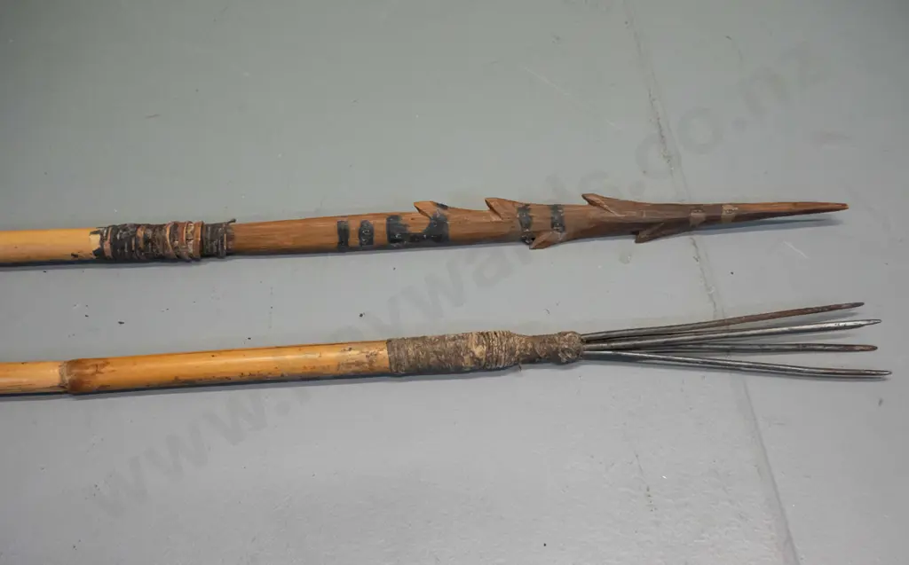 2 bamboo spears (from Solomon Islands) - one with 5 steel prongs, one with wooden barbed head L-1455 Image 1++