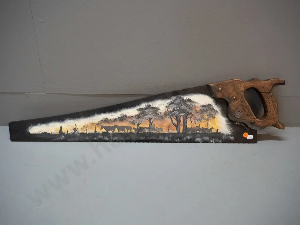 vintage Disston hand saw with painted cattle drovers scene, signed Kathy Dunbar '02 - crack to handle L-740 Image 1++