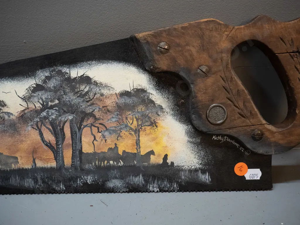 vintage Disston hand saw with painted cattle drovers scene, signed Kathy Dunbar '02 - crack to handle L-740 Image 1++