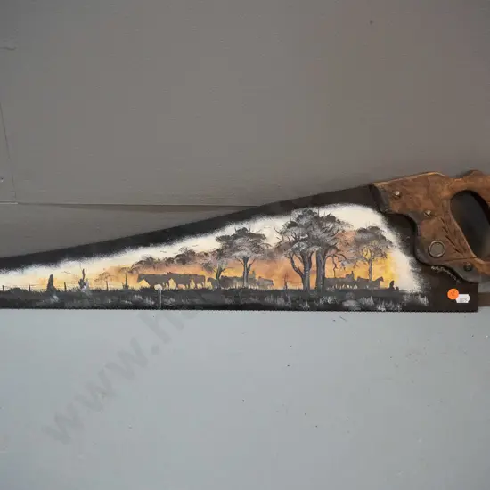vintage Disston hand saw with painted cattle drovers scene, signed Kathy Dunbar '02 - crack to handle L-740