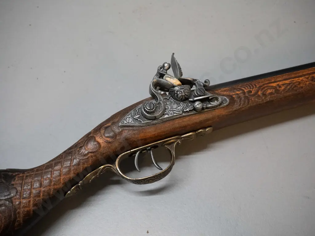 reproduction 18th century style double barrel flintlock rifle - carved timber and cast metal fittings (Denix, Spain) Image 1++