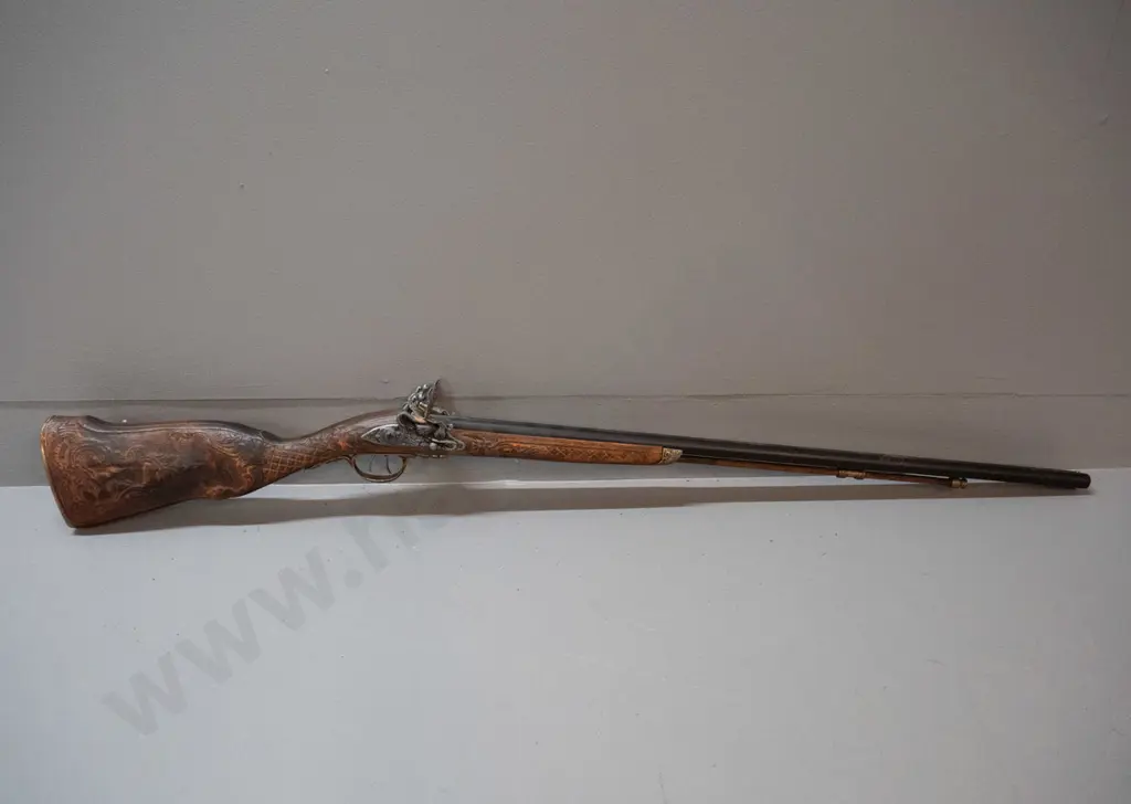 reproduction 18th century style double barrel flintlock rifle - carved timber and cast metal fittings (Denix, Spain) Image 1++