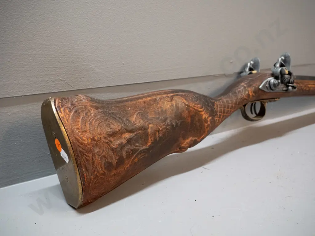 reproduction 18th century style double barrel flintlock rifle - carved timber and cast metal fittings (Denix, Spain) Image 1++