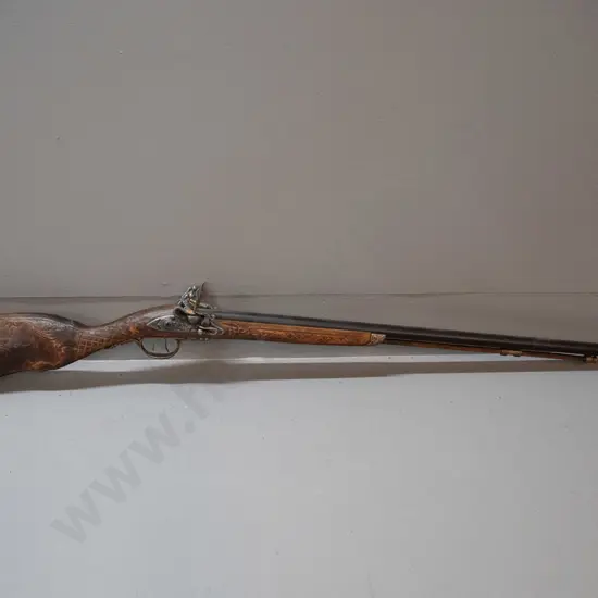 reproduction 18th century style double barrel flintlock rifle - carved timber and cast metal fittings (Denix, Spain)