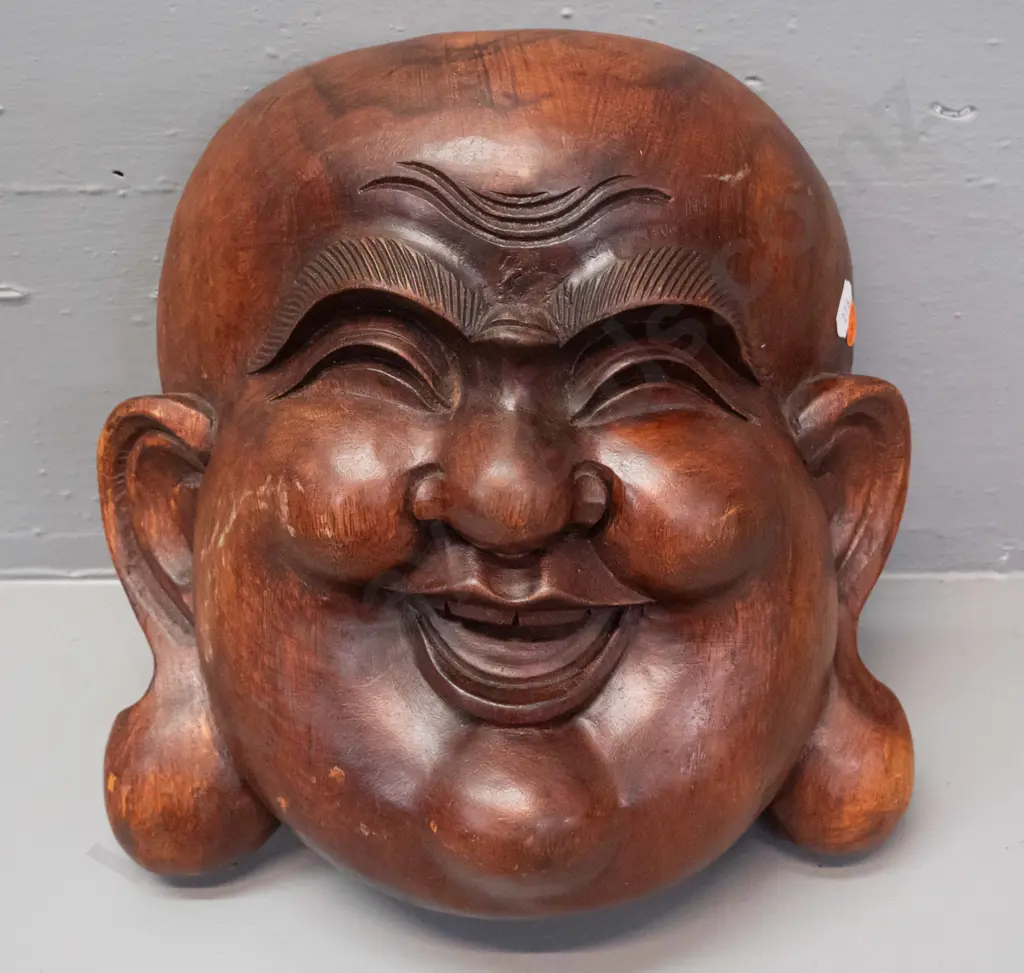 carved teak laughing buddha wall hanging H260 W250 Image 1++