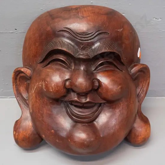carved teak laughing buddha wall hanging H260 W250