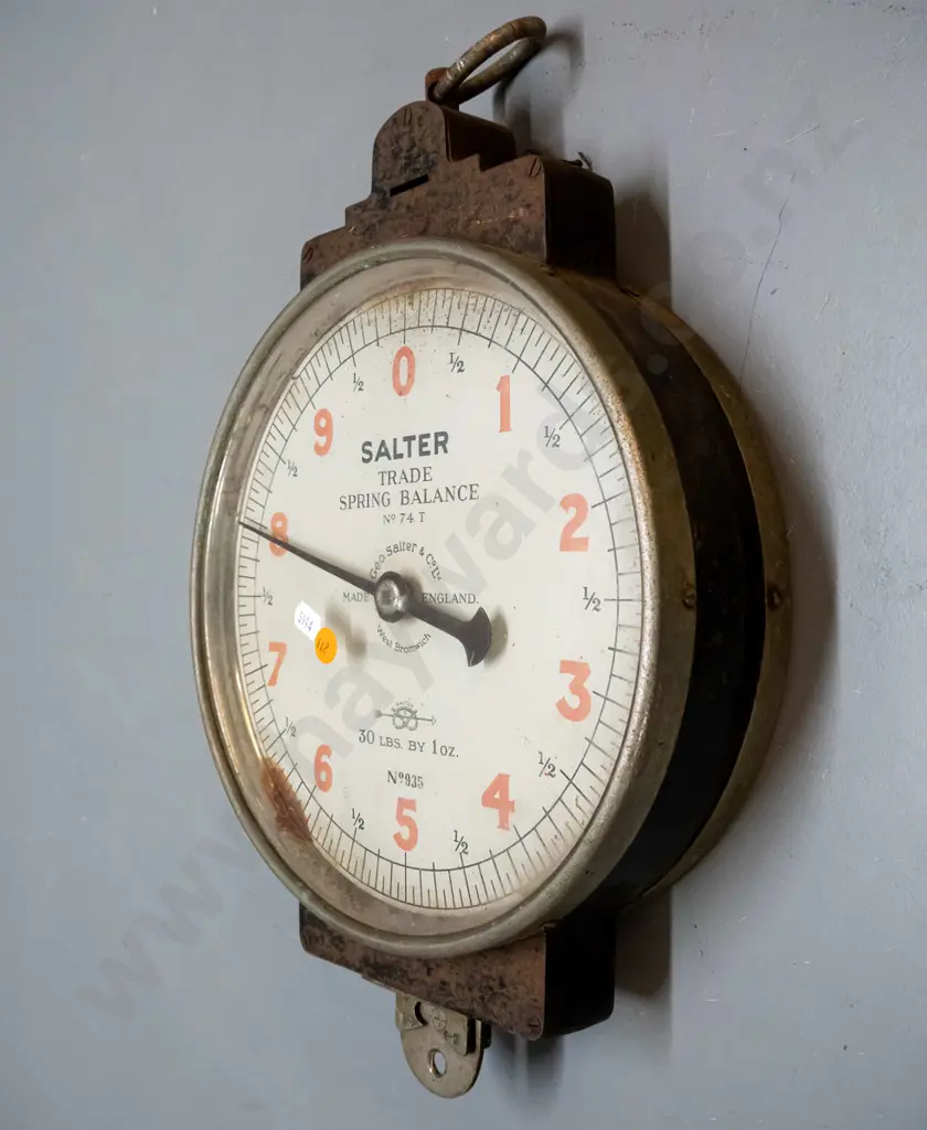 vintage Salter double sided hanging spring balance scale - cast metal, brass and glass - age wear, surface pitting etc. Image 1++