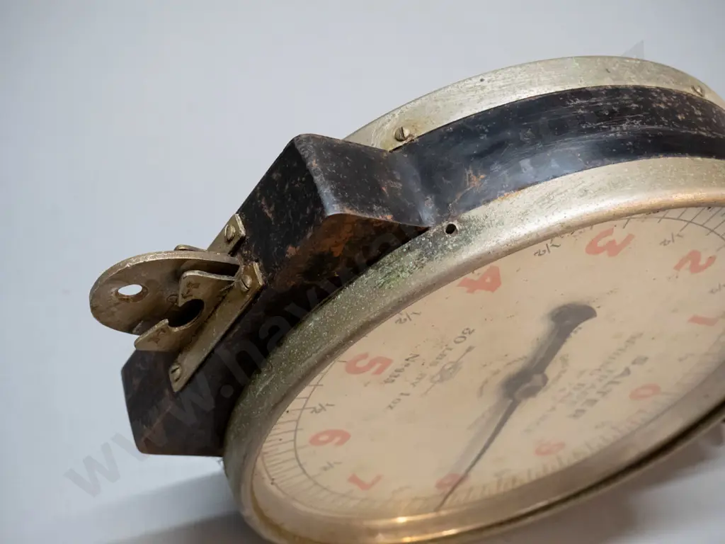vintage Salter double sided hanging spring balance scale - cast metal, brass and glass - age wear, surface pitting etc. Image 1++