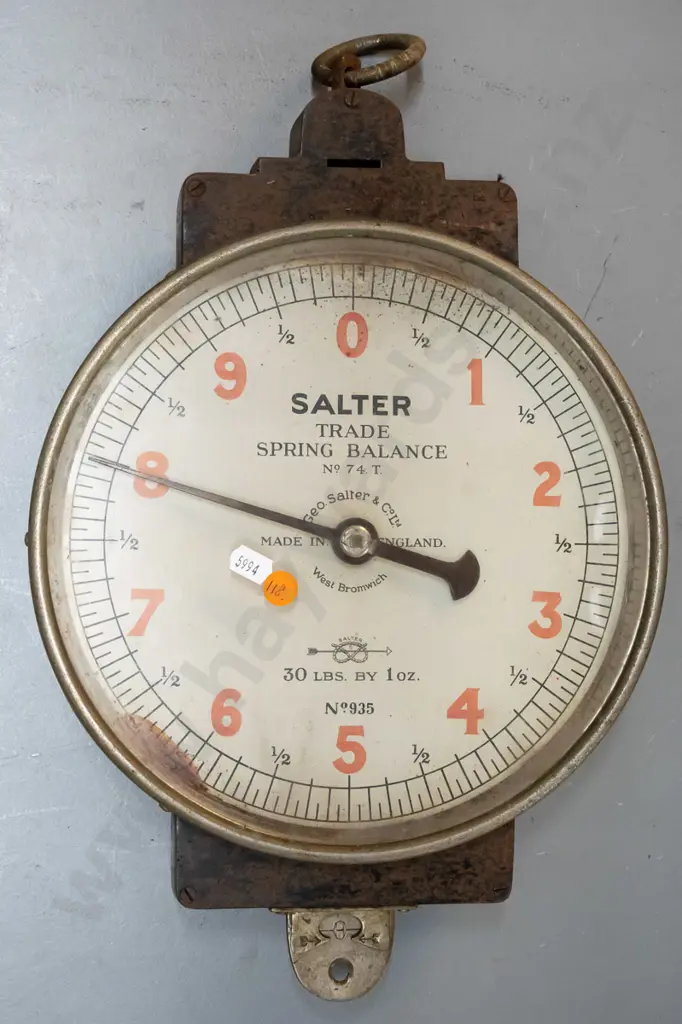vintage Salter double sided hanging spring balance scale - cast metal, brass and glass - age wear, surface pitting etc. Image 1++
