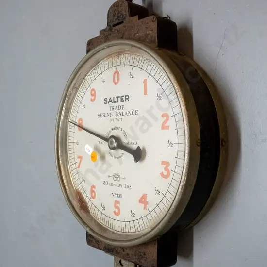 vintage Salter double sided hanging spring balance scale - cast metal, brass and glass - age wear, surface pitting etc.