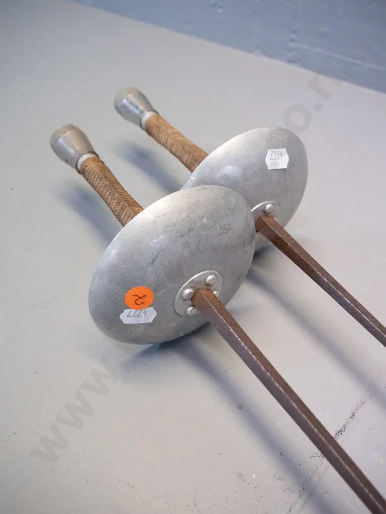 pair of vintage fencing foils with waxed cord wound handles, leather inset in hilt - made in France. One handle has been Image 1++