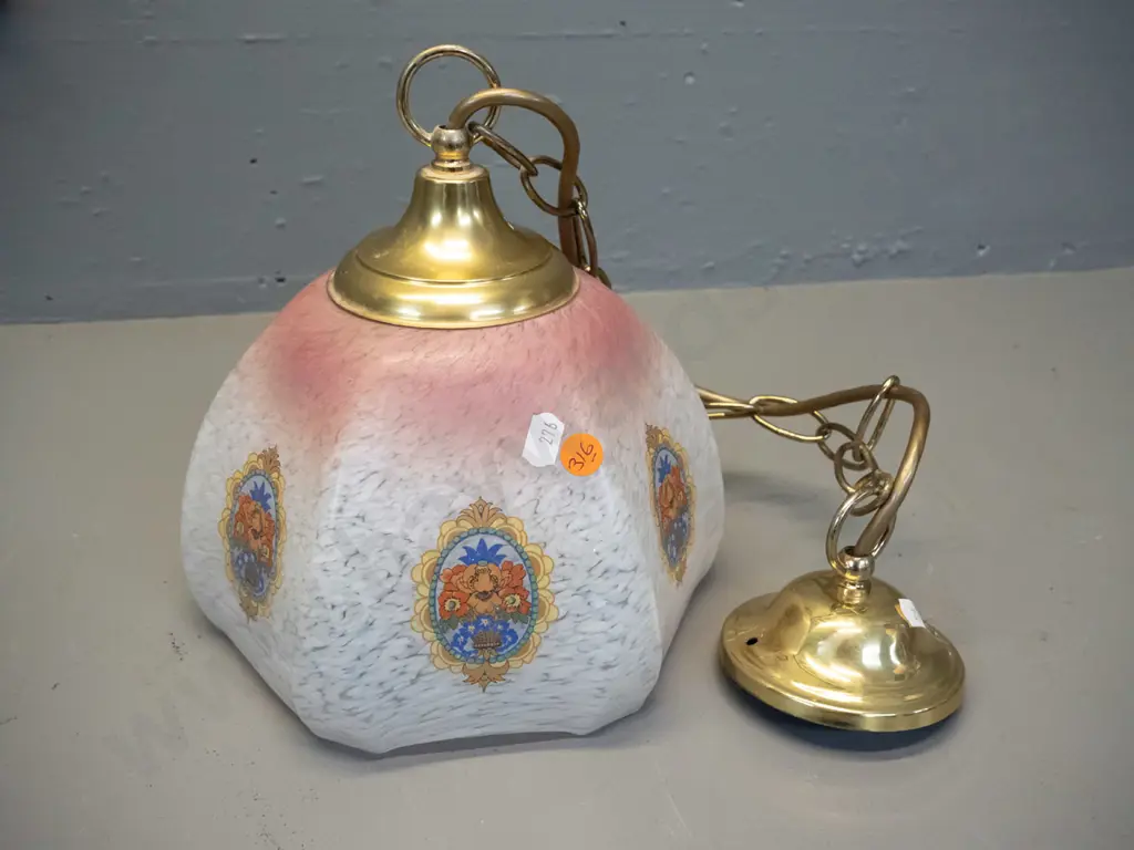 hanging glass light fitting - mottled milk glass fading to pink with floral transfer motifs, brass journal and chain. Image 1++