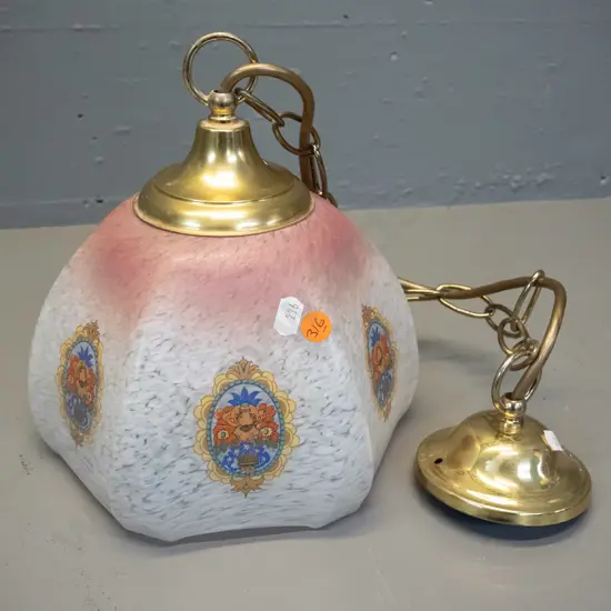hanging glass light fitting - mottled milk glass fading to pink with floral transfer motifs, brass journal and chain.