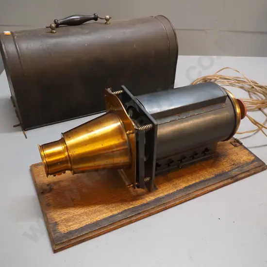 vintage electric magic lantern projector - Gnome 1, made in France - with oak base, brass housing, has had cord cut off,