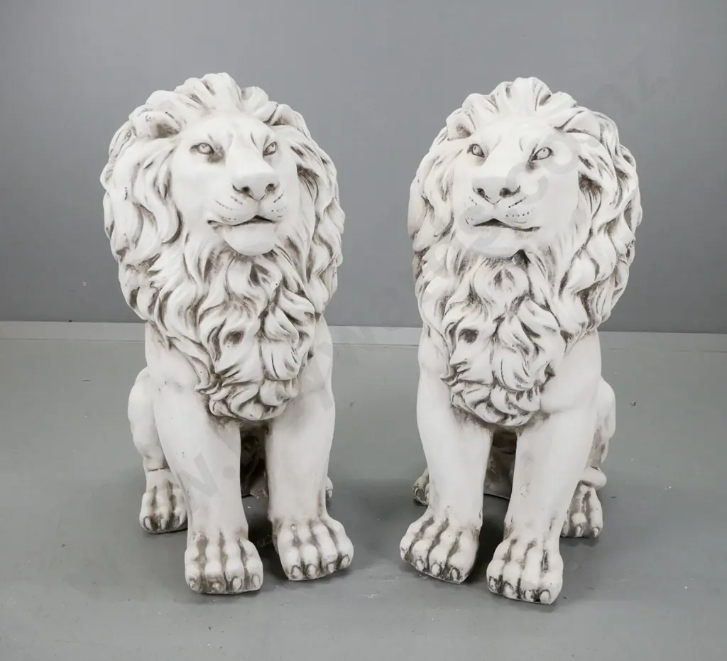 pair of composite faux stone seated lion garden ornaments H-680 W-300 D-480 Image 1++