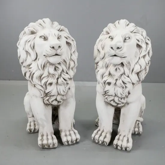 pair of composite faux stone seated lion garden ornaments H-680 W-300 D-480